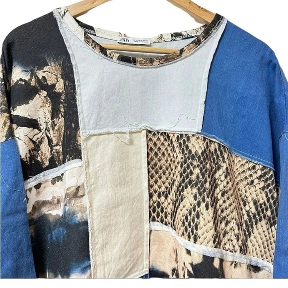 ZARA Patchwork Animal Print Top Women’s Size Medium Boho Retro Loose Fit… - Picture 6 of 11